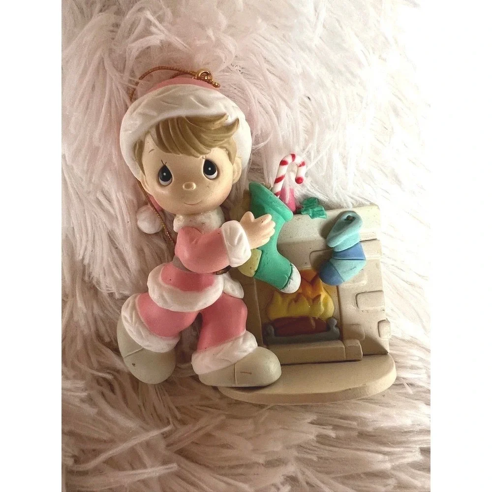 Precious Moments Ornament 1996 Pink Santa Fireplace Stocking Vintage